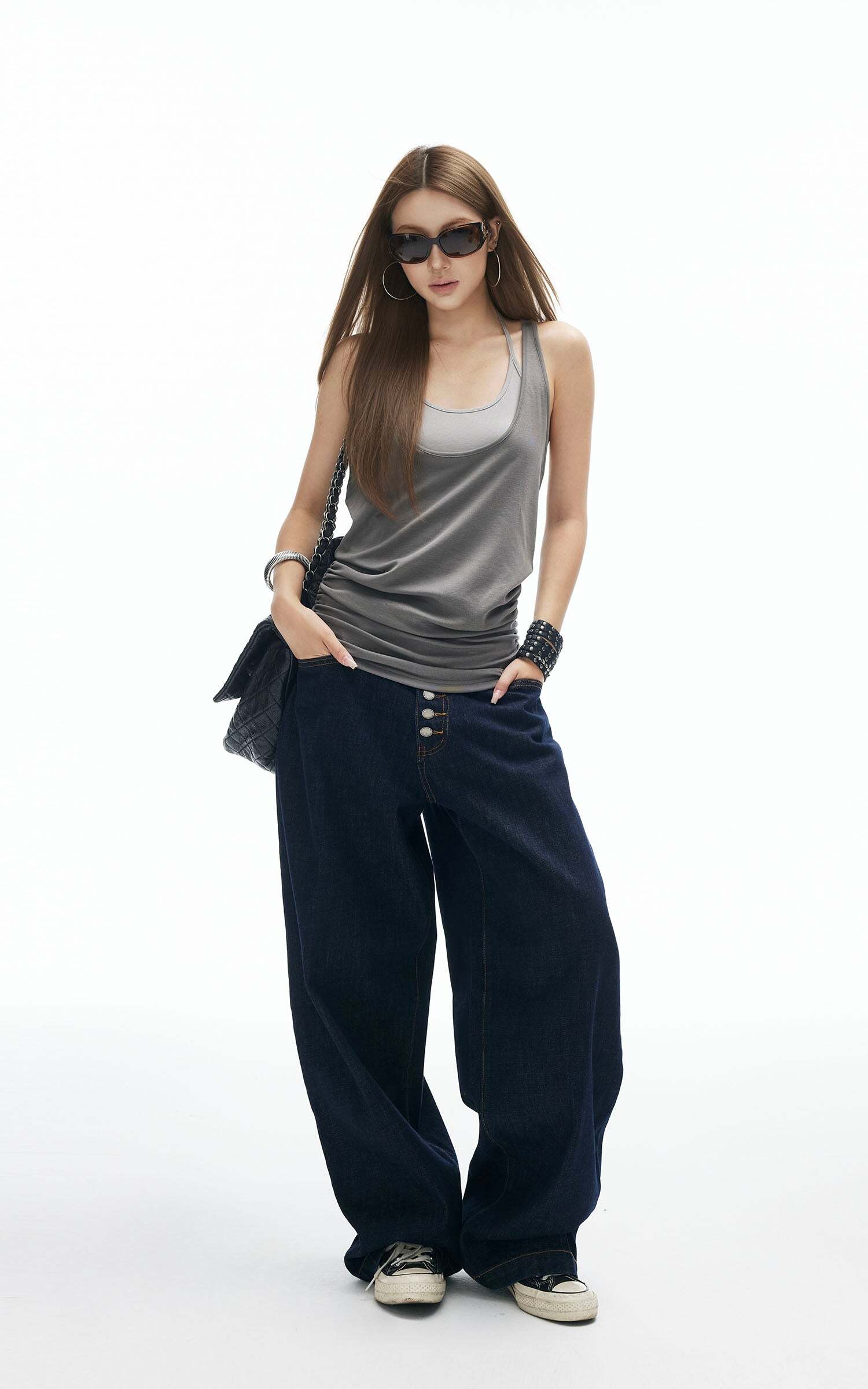 IAMXIAA Ruched Hem Layered Tank Top Double Strap Design Racerback Style IAMXIAA Ruched Hem Layered Tank Top Double Strap Design Racerback Style