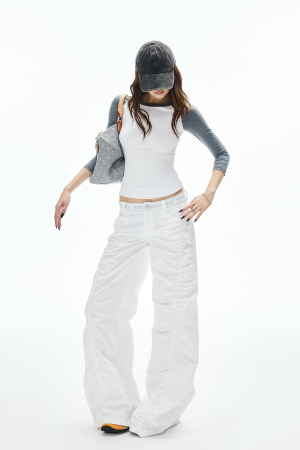 IAMXIAA Ruched Wide Leg Pants High Waist Casual Trousers