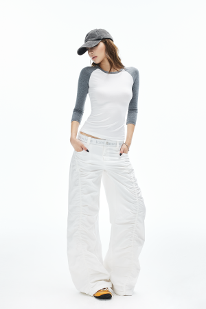 IAMXIAA Ruched Wide Leg Pants High Waist Casual Trousers