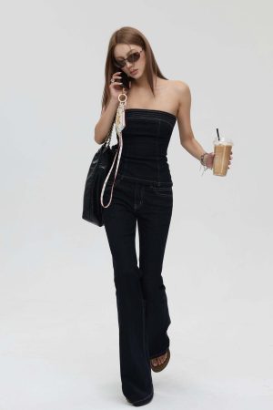 IAMXIAA Strapless Denim Top and Flared Pants Two-Piece Set