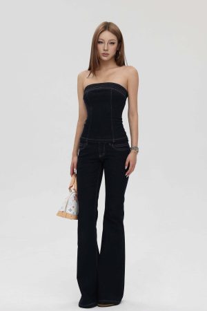 IAMXIAA Strapless Denim Top and Flared Pants Two-Piece Set