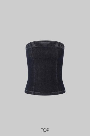 IAMXIAA Strapless Denim Top and Flared Pants Two-Piece Set