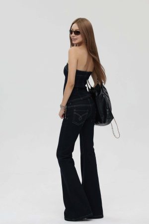 IAMXIAA Strapless Denim Top and Flared Pants Two-Piece Set