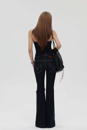 IAMXIAA Strapless Denim Top and Flared Pants Two-Piece Set