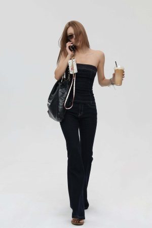 IAMXIAA Strapless Denim Top and Flared Pants Two-Piece Set