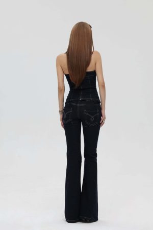 IAMXIAA Strapless Denim Top and Flared Pants Two-Piece Set