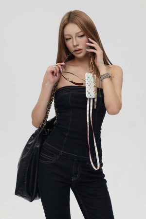 IAMXIAA Strapless Denim Top and Flared Pants Two-Piece Set