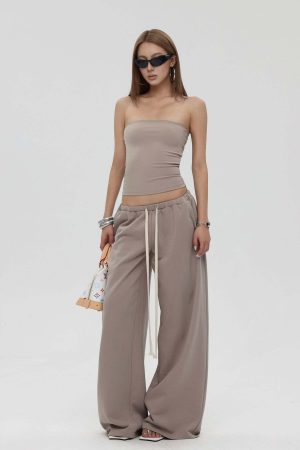 IAMXIAA Strapless Tube Top and Wide Leg Sweatpants Set Casual Streetwear Two Piece Outfit
