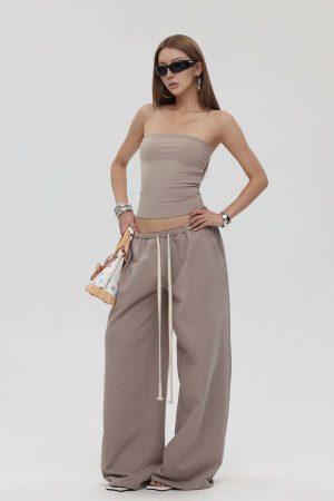 IAMXIAA Strapless Tube Top and Wide Leg Sweatpants Set Casual Streetwear Two Piece Outfit