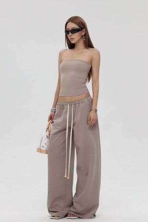 IAMXIAA Strapless Tube Top and Wide Leg Sweatpants Set Casual Streetwear Two Piece Outfit