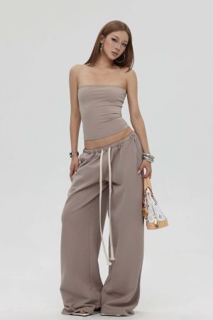 IAMXIAA Strapless Tube Top and Wide Leg Sweatpants Set Casual Streetwear Two Piece Outfit