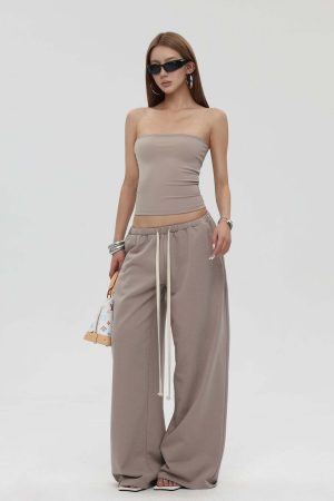 IAMXIAA Strapless Tube Top and Wide Leg Sweatpants Set Casual Streetwear Two Piece Outfit