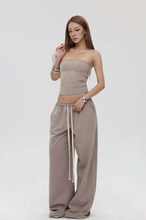IAMXIAA Strapless Tube Top and Wide Leg Sweatpants Set Casual Streetwear Two Piece Outfit