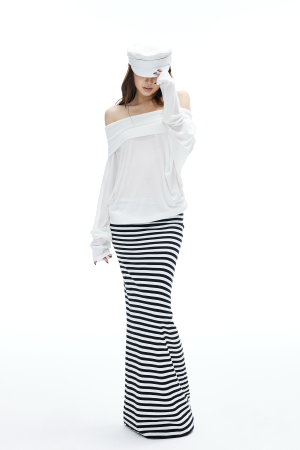 IAMXIAA Striped Bodycon Maxi Skirt Slim Fit Stretch Long Skirt