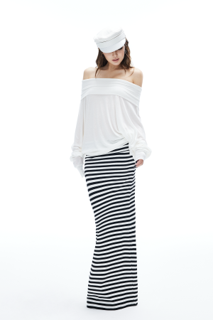 IAMXIAA Striped Bodycon Maxi Skirt Slim Fit Stretch Long Skirt