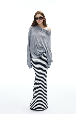 IAMXIAA Striped Bodycon Maxi Skirt Slim Fit Stretch Long Skirt