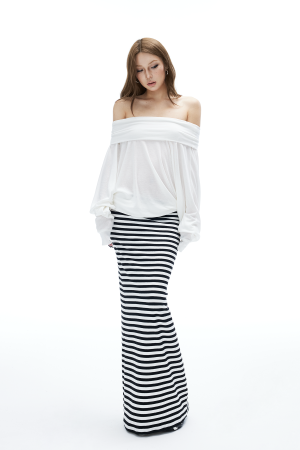 IAMXIAA Striped Bodycon Maxi Skirt Slim Fit Stretch Long Skirt