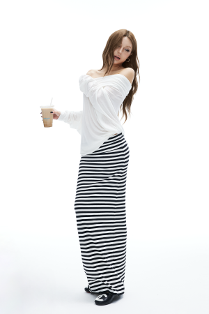 IAMXIAA Striped Bodycon Maxi Skirt Slim Fit Stretch Long Skirt