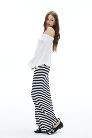 IAMXIAA Striped Bodycon Maxi Skirt Slim Fit Stretch Long Skirt