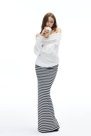 IAMXIAA Striped Bodycon Maxi Skirt Slim Fit Stretch Long Skirt