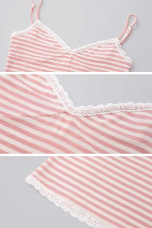 IAMXIAA Striped Cami and Cardigan Set with Lace Trim