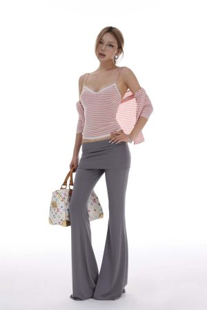 IAMXIAA Striped Cami and Cardigan Set with Lace Trim