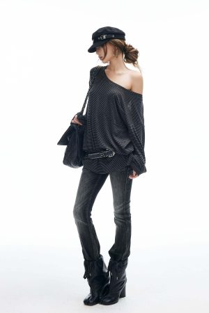 IAMXIAA Striped Off-Shoulder Long Sleeve Top with Back Strap Detail