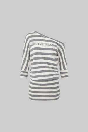 IAMXIAA Striped Off-Shoulder Mini Dress with Statement Print