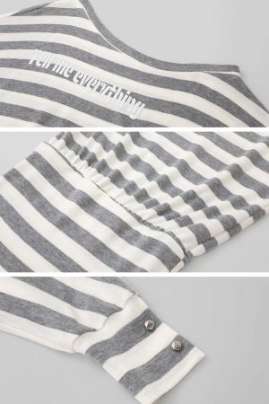 IAMXIAA Striped Off-Shoulder Mini Dress with Statement Print