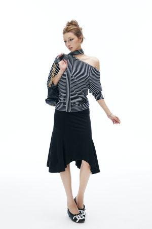IAMXIAA Striped One Shoulder T-Shirt with Scarf Detail