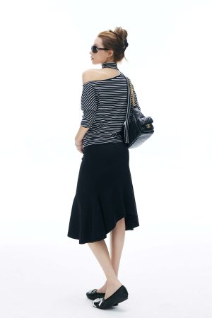 IAMXIAA Striped One Shoulder T-Shirt with Scarf Detail