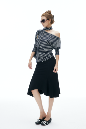 IAMXIAA Striped One Shoulder T-Shirt with Scarf Detail