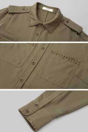 IAMXIAA Studded Utility Shirt – Military Chic Button Down with Epaulette Detail
