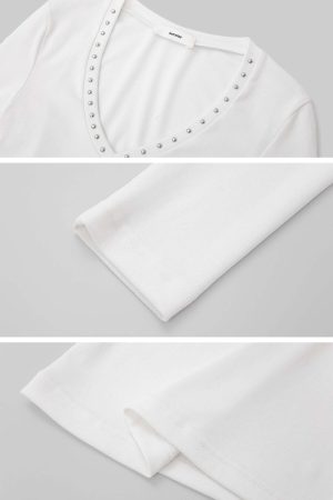 IAMXIAA Studded V-Neck Long Sleeve Tee