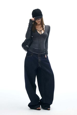 IAMXIAA Tie Detail Long Sleeve Top Slim Fit Scoop Neck Tee