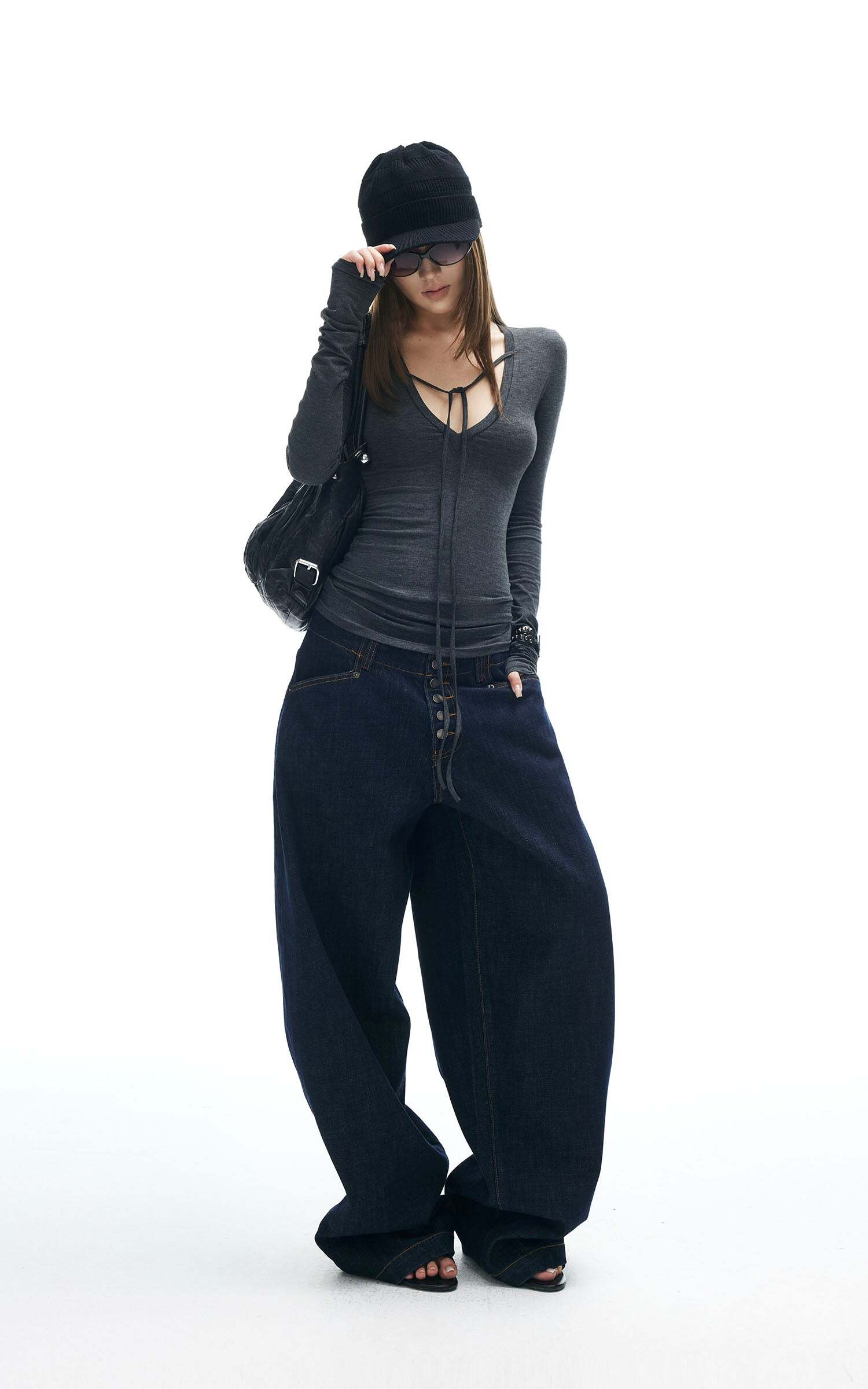 IAMXIAA Tie Detail Long Sleeve Top Slim Fit Scoop Neck Tee IAMXIAA Tie Detail Long Sleeve Top Slim Fit Scoop Neck Tee