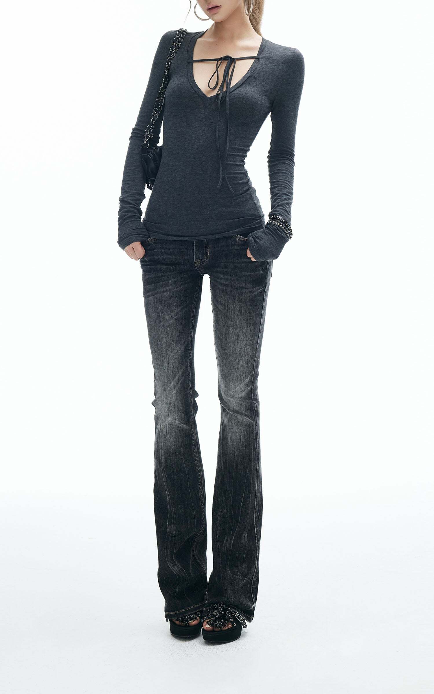 IAMXIAA Tie Detail Long Sleeve Top Slim Fit Scoop Neck Tee IAMXIAA Tie Detail Long Sleeve Top Slim Fit Scoop Neck Tee