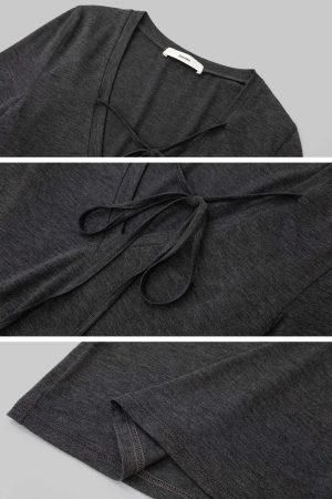 IAMXIAA Tie Detail Long Sleeve Top Slim Fit Scoop Neck Tee