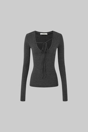 IAMXIAA Tie Detail Long Sleeve Top Slim Fit Scoop Neck Tee