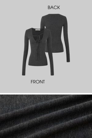 IAMXIAA Tie Detail Long Sleeve Top Slim Fit Scoop Neck Tee