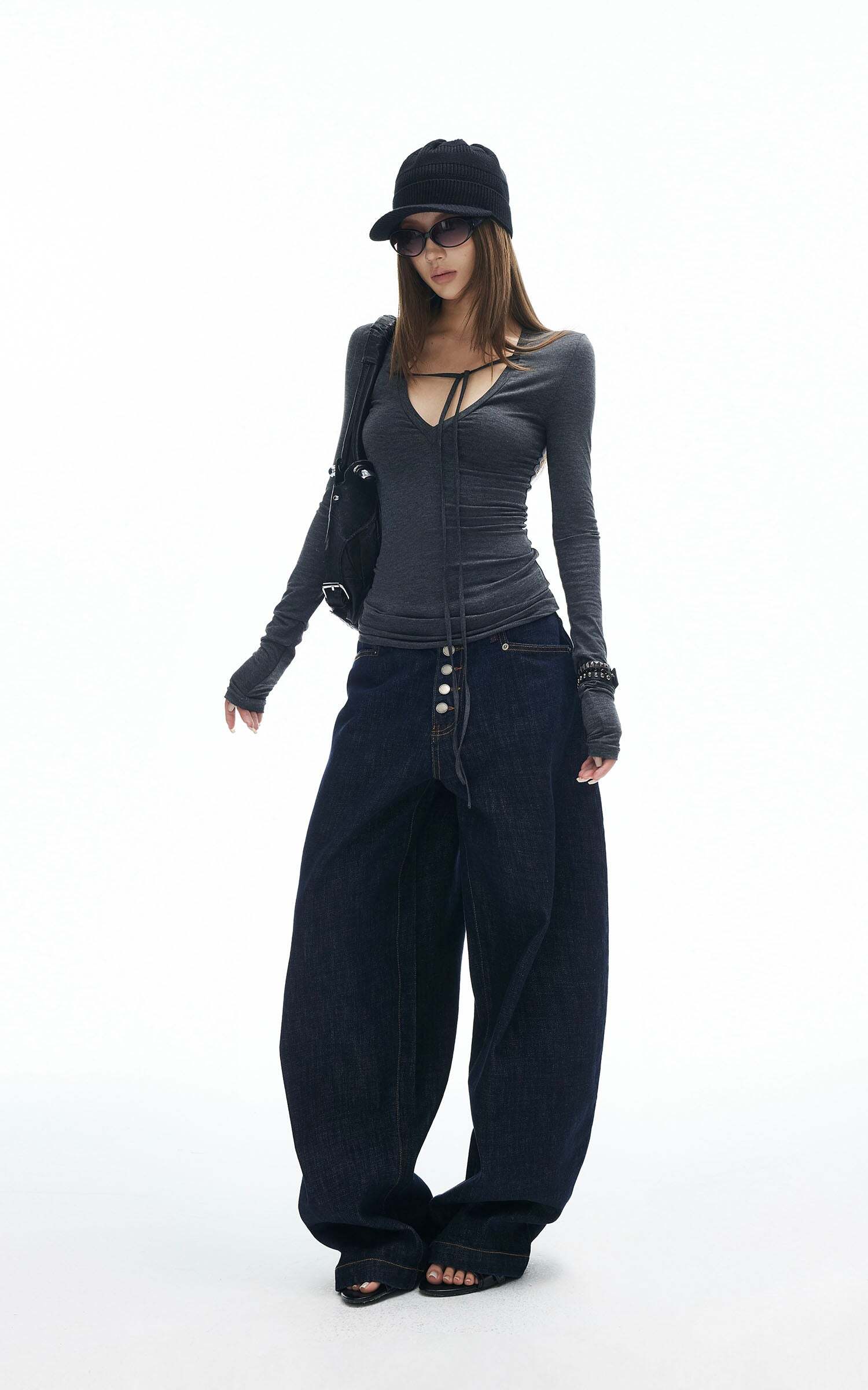 IAMXIAA Tie Detail Long Sleeve Top Slim Fit Scoop Neck Tee IAMXIAA Tie Detail Long Sleeve Top Slim Fit Scoop Neck Tee