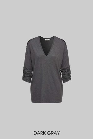 IAMXIAA V Neck Long Sleeve Tee Casual Loose Fit Top