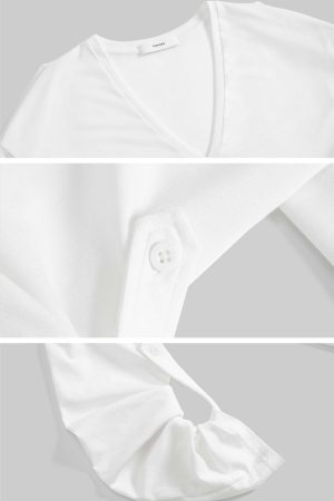 IAMXIAA V Neck Long Sleeve Tee Casual Loose Fit Top