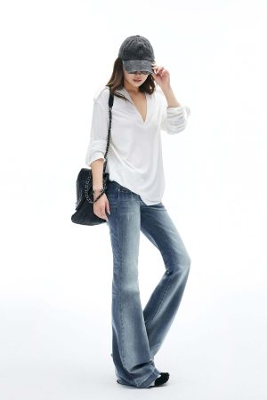 IAMXIAA V Neck Long Sleeve Tee Casual Loose Fit Top