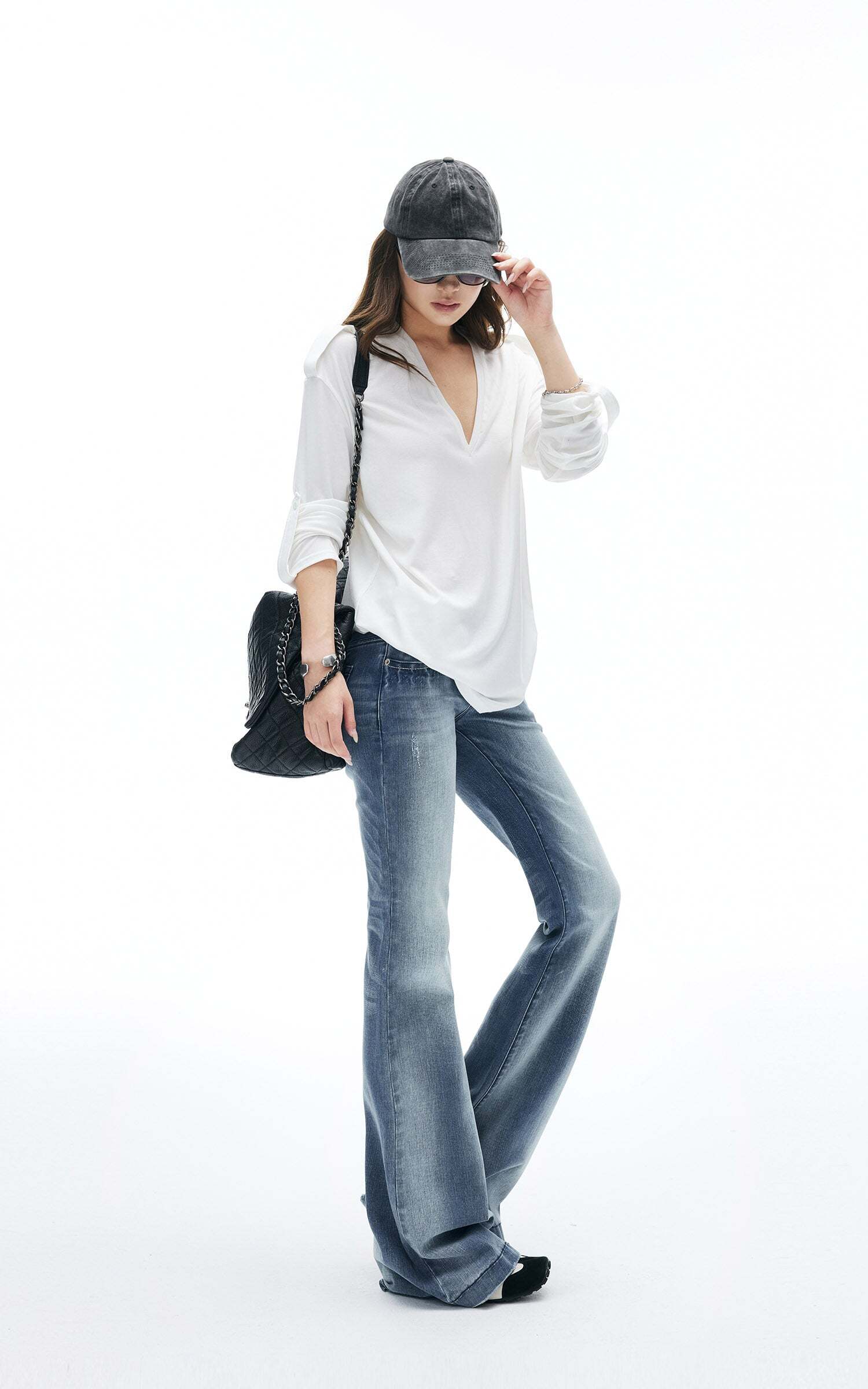 IAMXIAA V Neck Long Sleeve Tee Casual Loose Fit Top IAMXIAA V Neck Long Sleeve Tee Casual Loose Fit Top