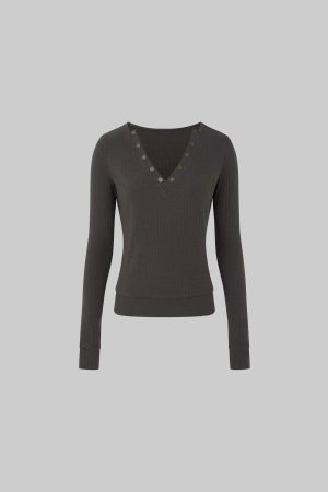 IAMXIAA V-Neck Long Sleeve Top with Button Detail