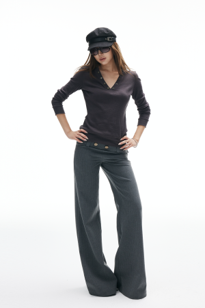 IAMXIAA V-Neck Long Sleeve Top with Button Detail