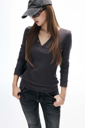 IAMXIAA V-Neck Long Sleeve Top with Button Detail