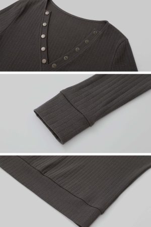 IAMXIAA V-Neck Long Sleeve Top with Button Detail