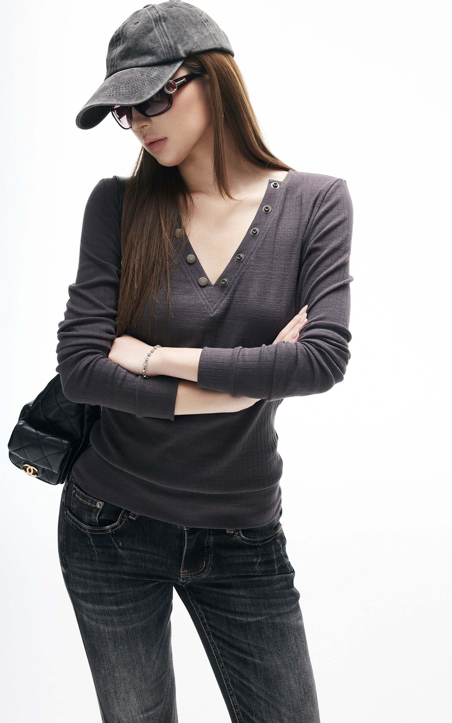 IAMXIAA V-Neck Long Sleeve Top with Button Detail IAMXIAA V-Neck Long Sleeve Top with Button Detail